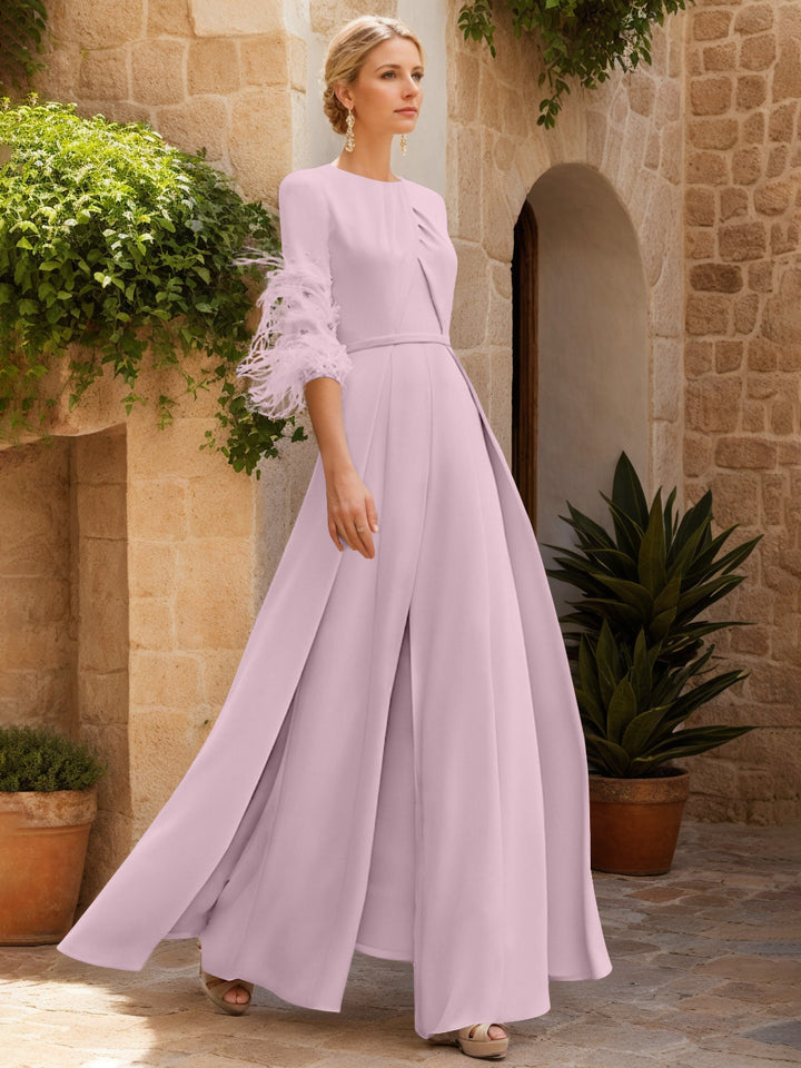 Jewel Neck Half Sleeves Ankle-Length Mother Of The Bride Pantsuits With Feathers