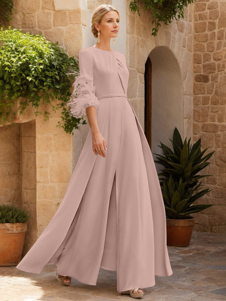 Jewel Neck Half Sleeves Ankle-Length Mother Of The Bride Pantsuits With Feathers