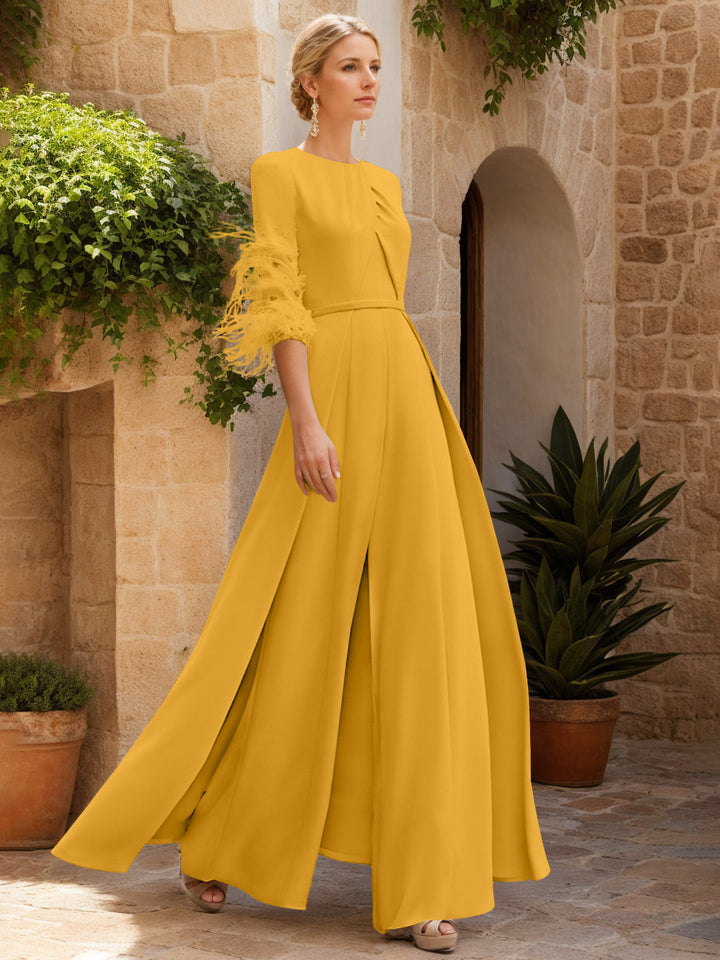 Jewel Neck Half Sleeves Ankle-Length Mother Of The Bride Pantsuits With Feathers