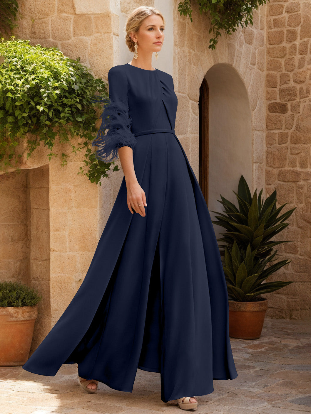 Jewel Neck Half Sleeves Ankle-Length Mother Of The Bride Pantsuits With Feathers