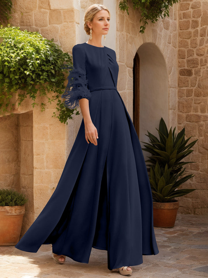 Jewel Neck Half Sleeves Ankle-Length Mother Of The Bride Pantsuits With Feathers