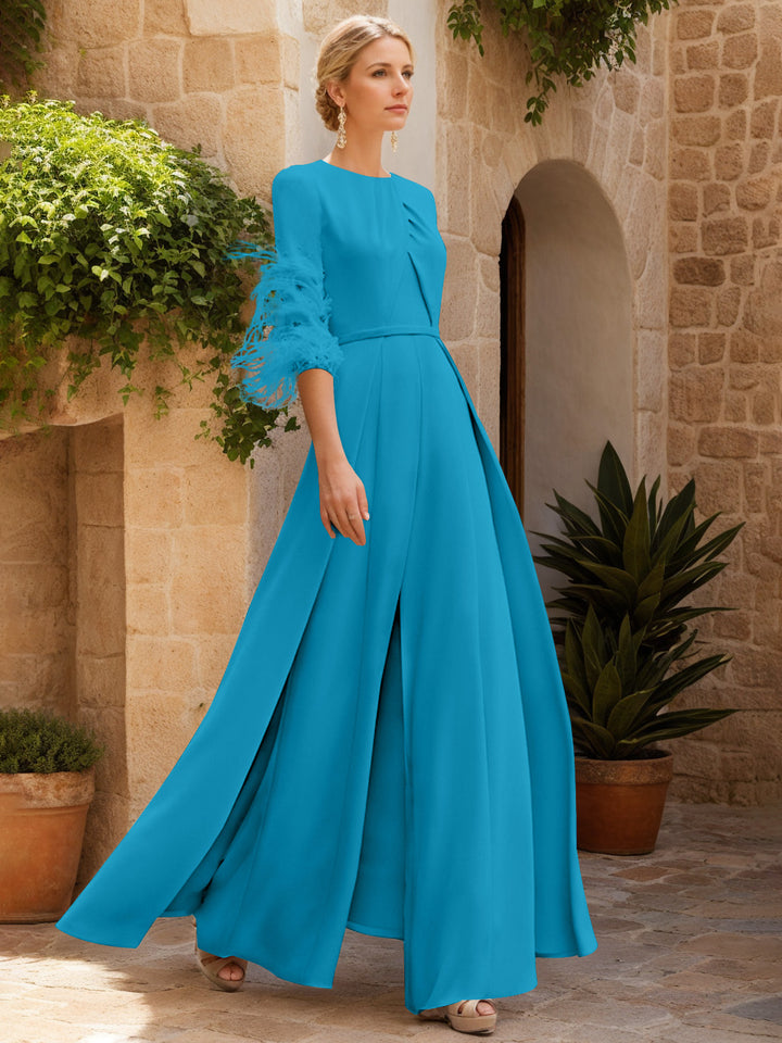Jewel Neck Half Sleeves Ankle-Length Mother Of The Bride Pantsuits With Feathers