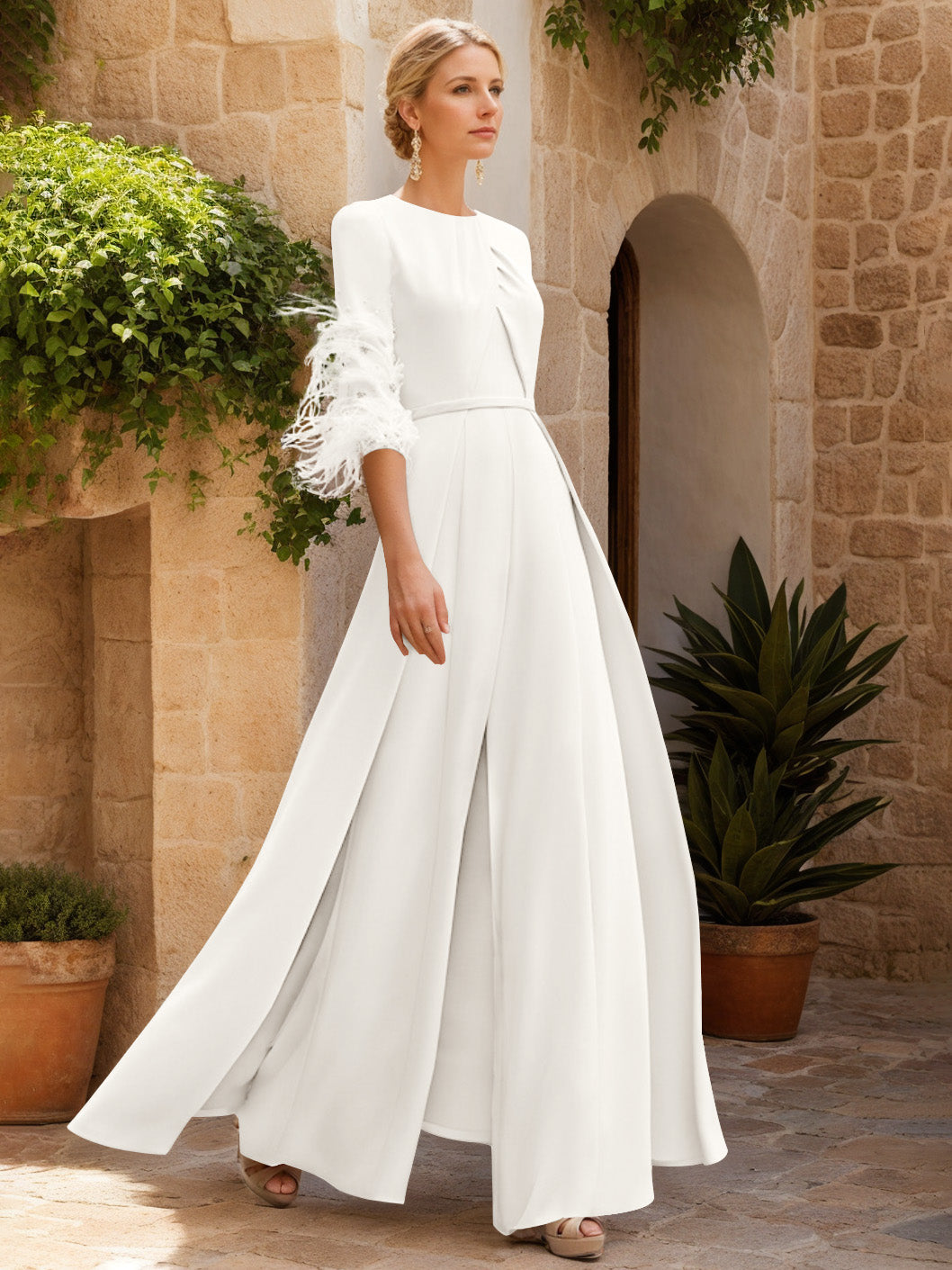 Jewel Neck Half Sleeves Ankle-Length Mother Of The Bride Pantsuits With Feathers