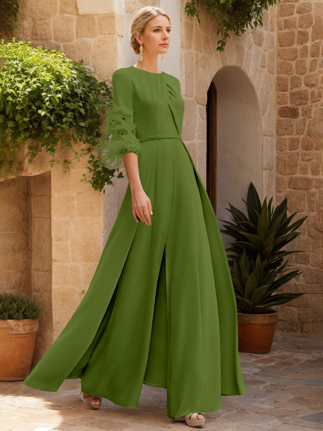 Jewel Neck Half Sleeves Ankle-Length Mother Of The Bride Pantsuits With Feathers