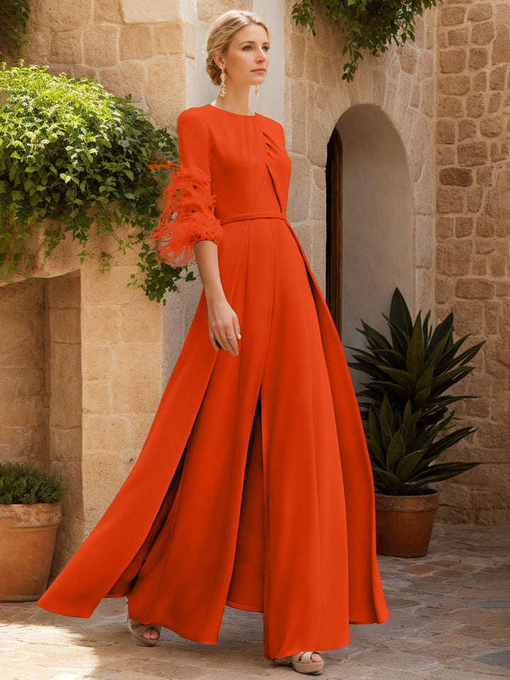 Jewel Neck Half Sleeves Ankle-Length Mother Of The Bride Pantsuits With Feathers