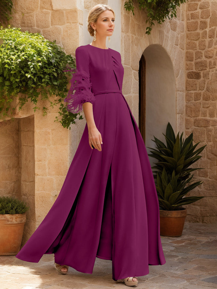 Jewel Neck Half Sleeves Ankle-Length Mother Of The Bride Pantsuits With Feathers