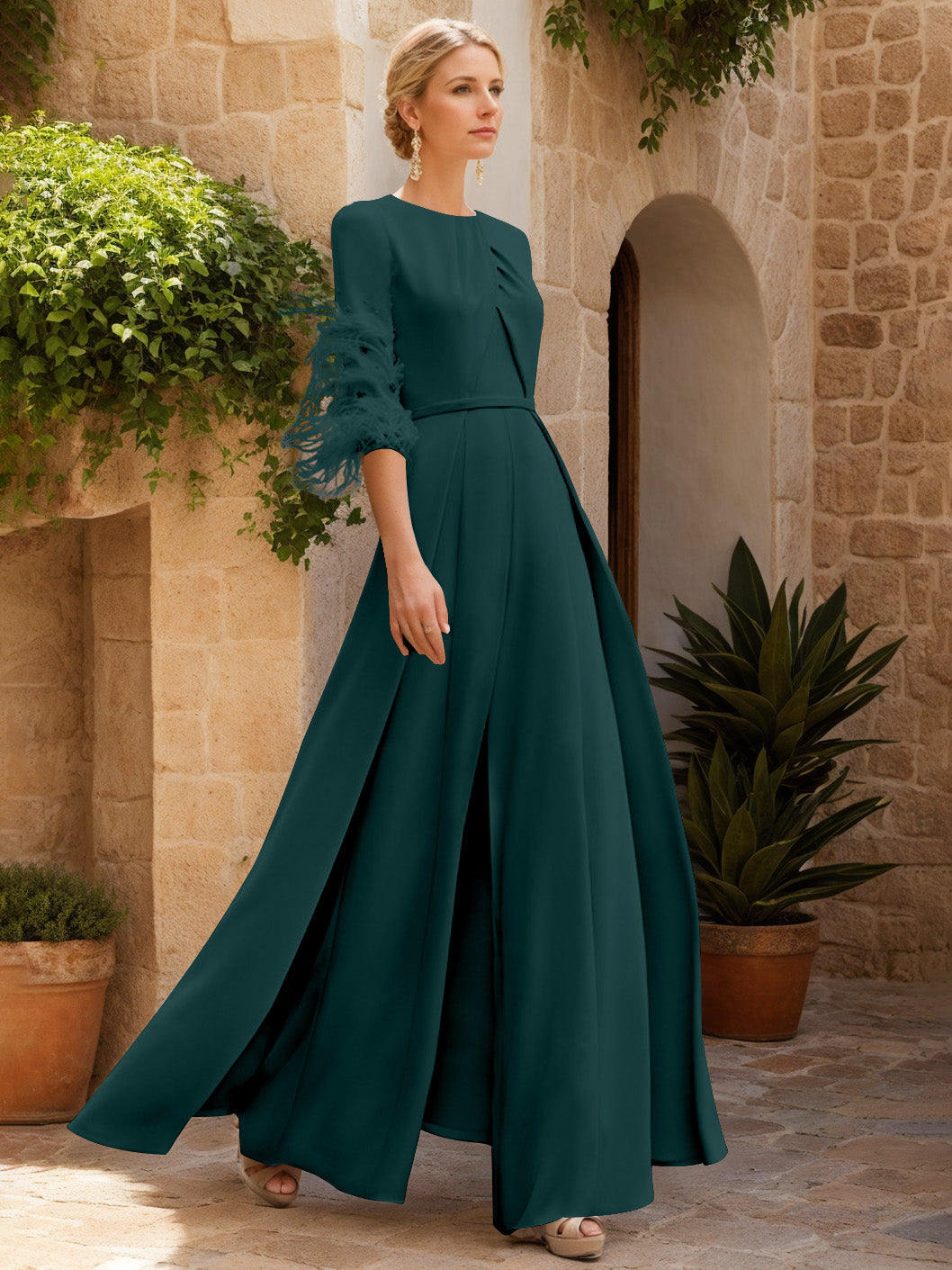 Jewel Neck Half Sleeves Ankle-Length Mother Of The Bride Pantsuits With Feathers