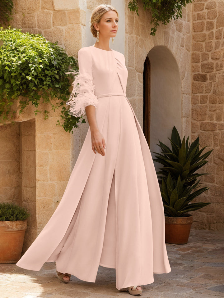 Jewel Neck Half Sleeves Ankle-Length Mother Of The Bride Pantsuits With Feathers