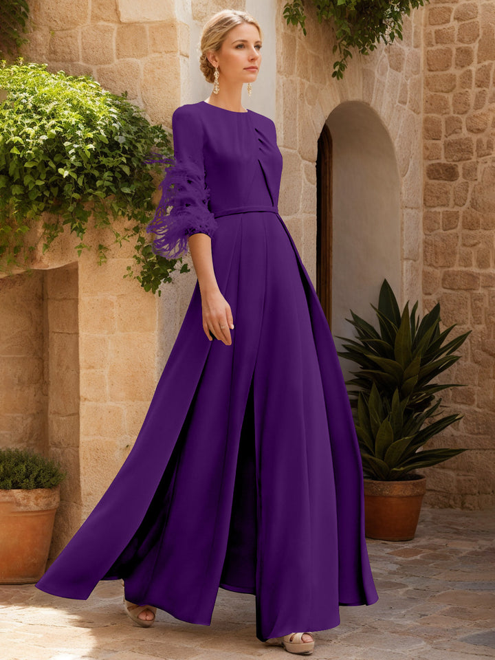Jewel Neck Half Sleeves Ankle-Length Mother Of The Bride Pantsuits With Feathers