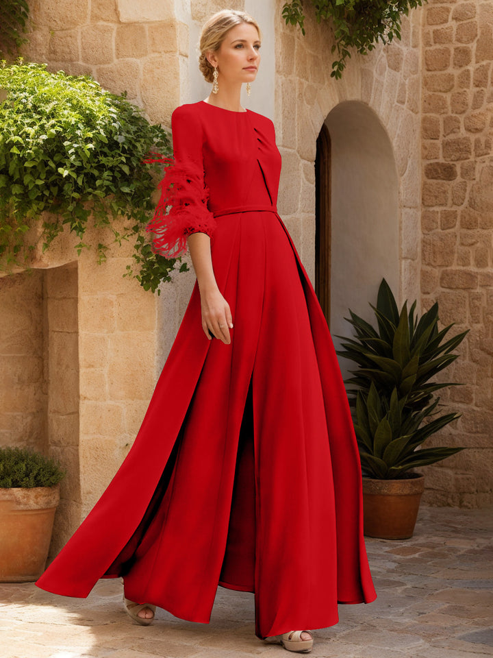 Jewel Neck Half Sleeves Ankle-Length Mother Of The Bride Pantsuits With Feathers