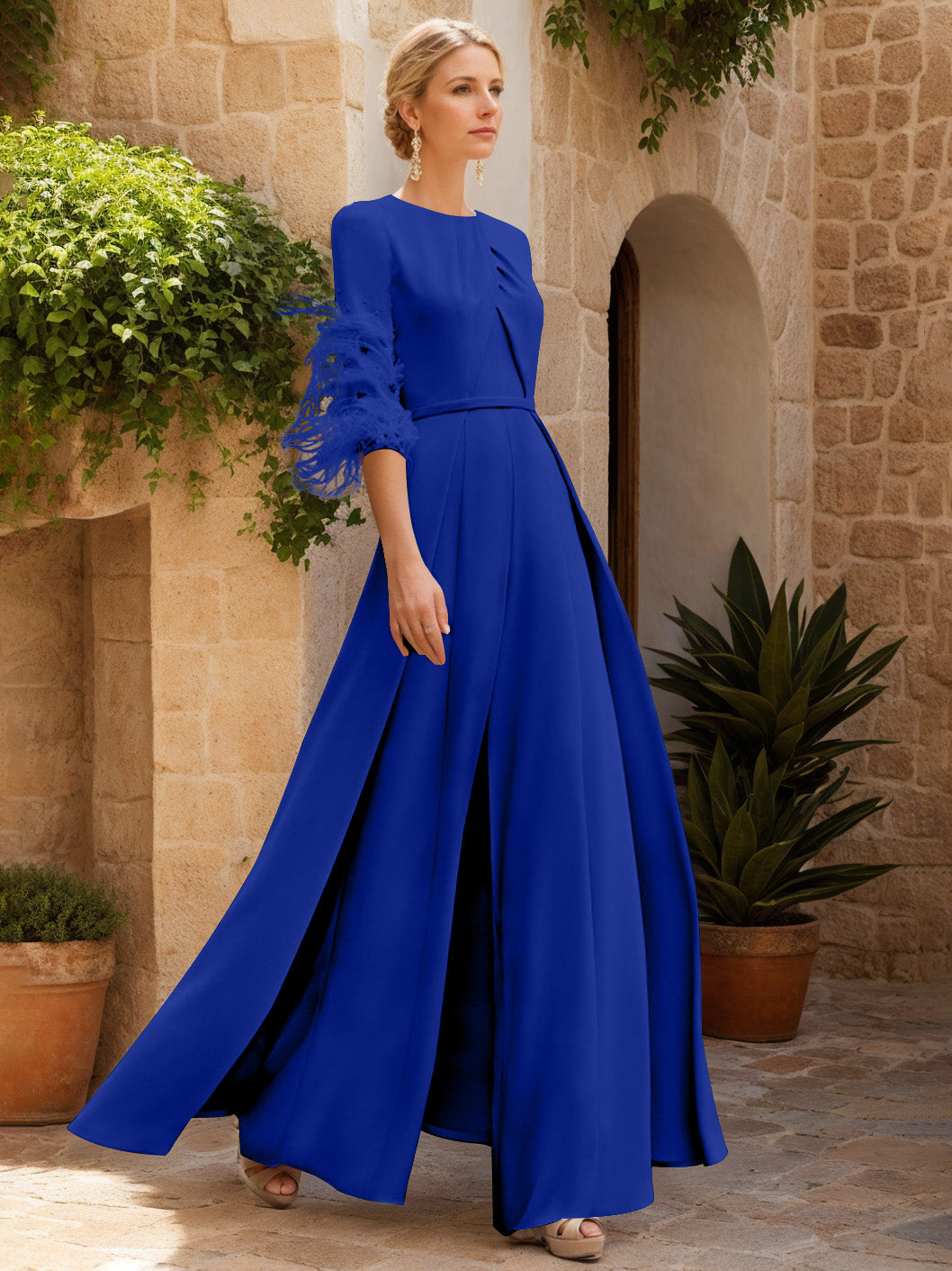 Jewel Neck Half Sleeves Ankle-Length Mother Of The Bride Pantsuits With Feathers