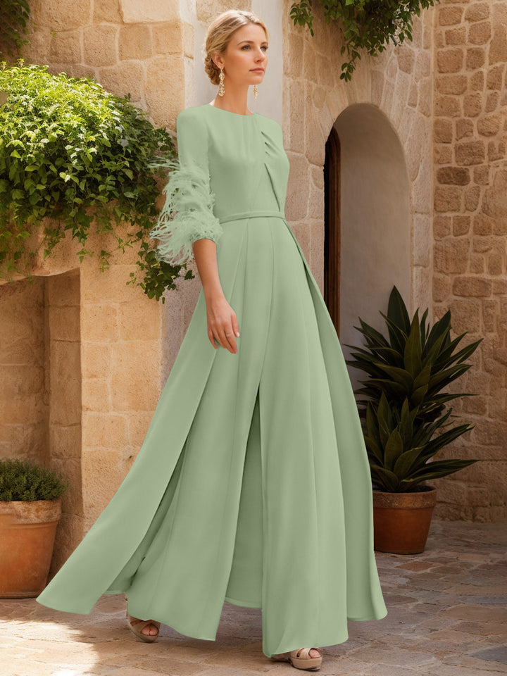 Jewel Neck Half Sleeves Ankle-Length Mother Of The Bride Pantsuits With Feathers