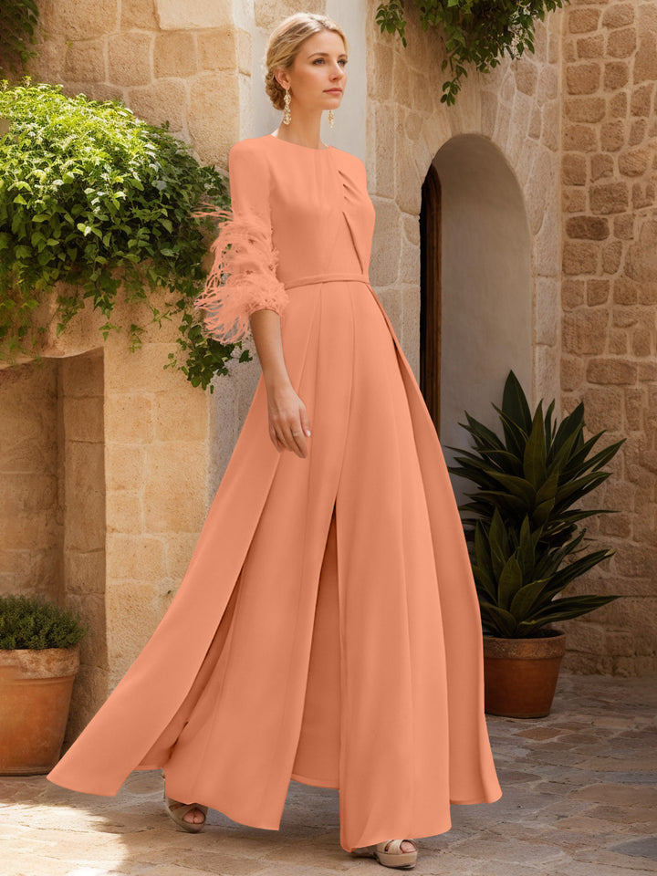 Jewel Neck Half Sleeves Ankle-Length Mother Of The Bride Pantsuits With Feathers