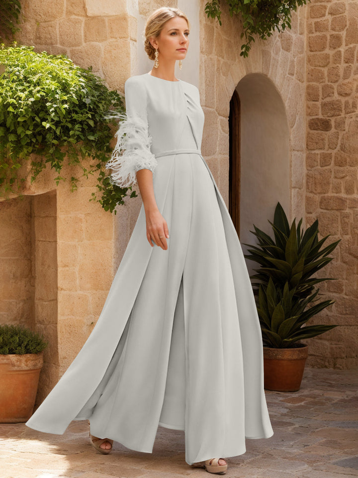 Jewel Neck Half Sleeves Ankle-Length Mother Of The Bride Pantsuits With Feathers