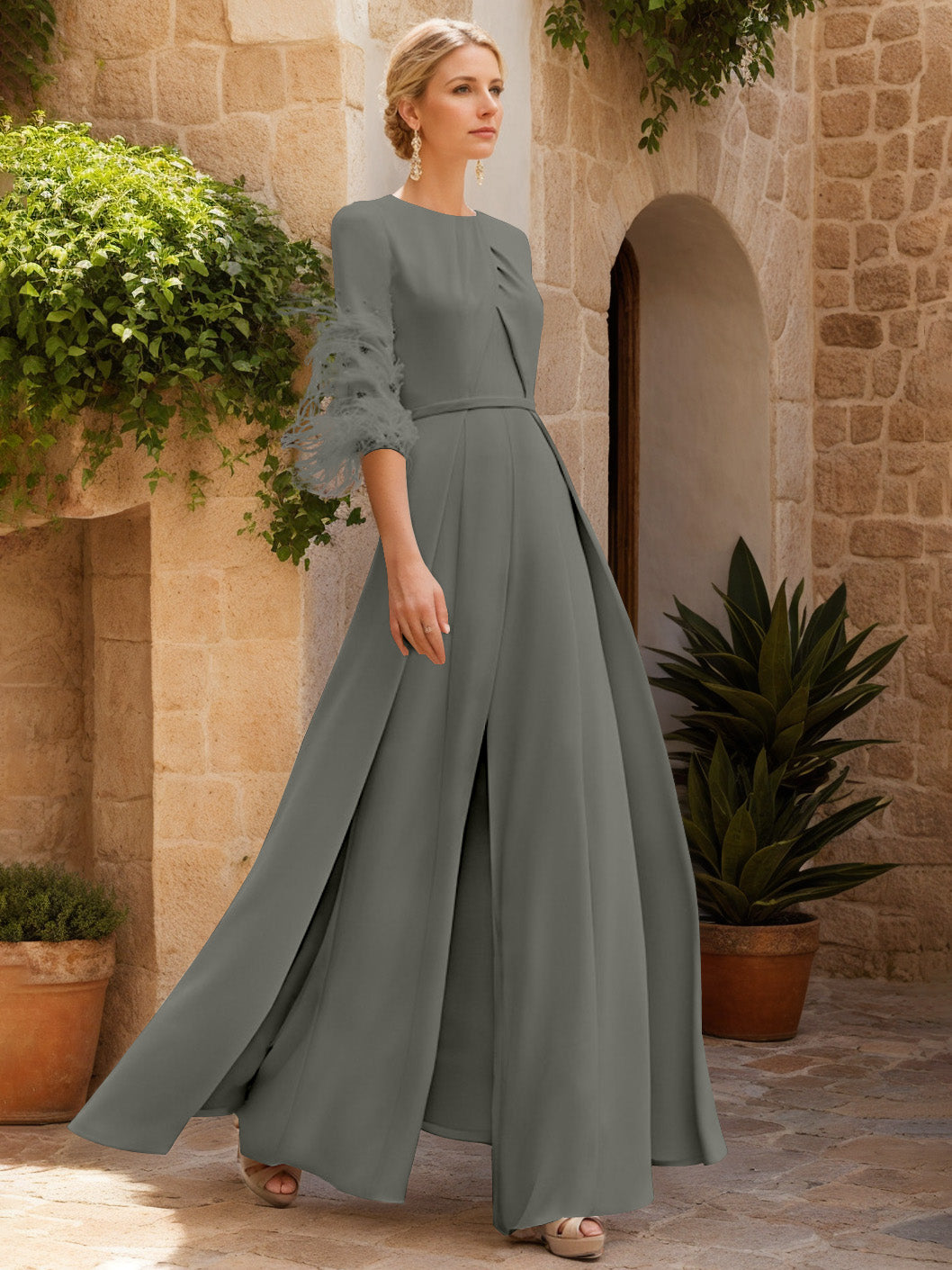Jewel Neck Half Sleeves Ankle-Length Mother Of The Bride Pantsuits With Feathers