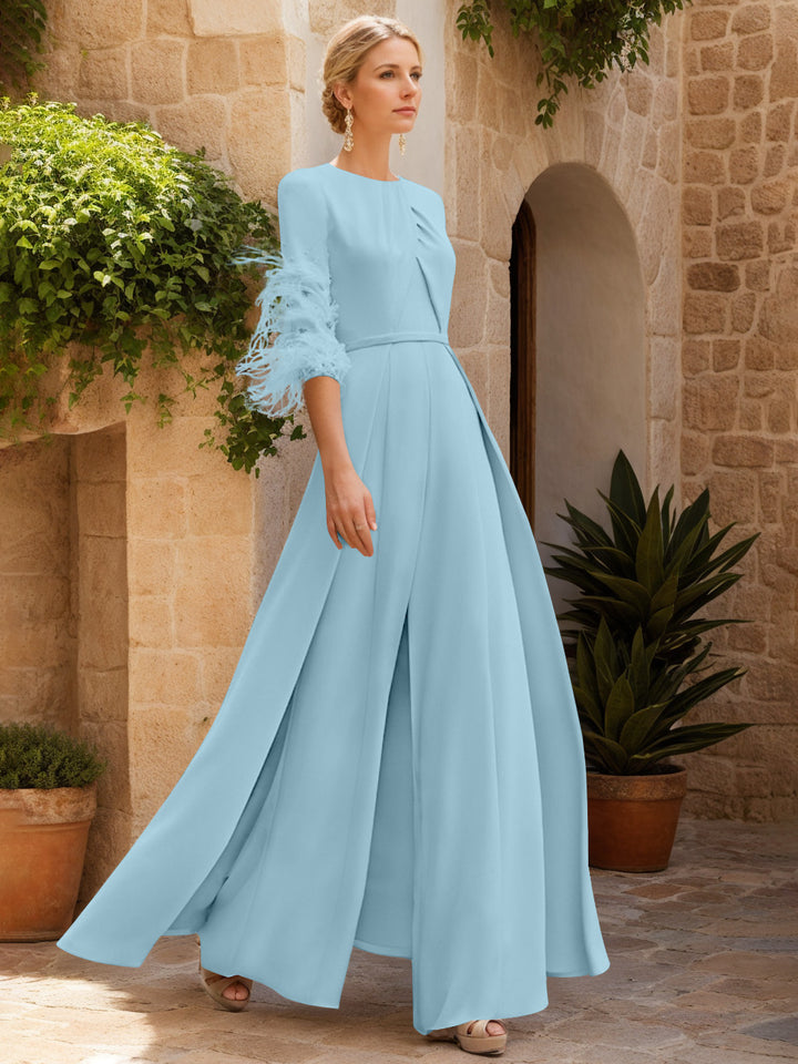 Jewel Neck Half Sleeves Ankle-Length Mother Of The Bride Pantsuits With Feathers