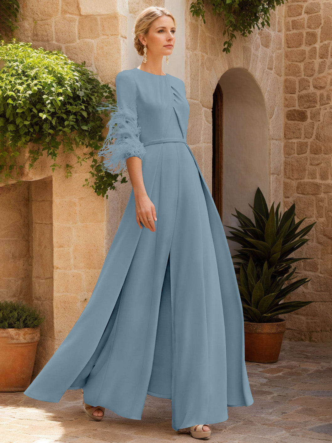 Jewel Neck Half Sleeves Ankle-Length Mother Of The Bride Pantsuits With Feathers