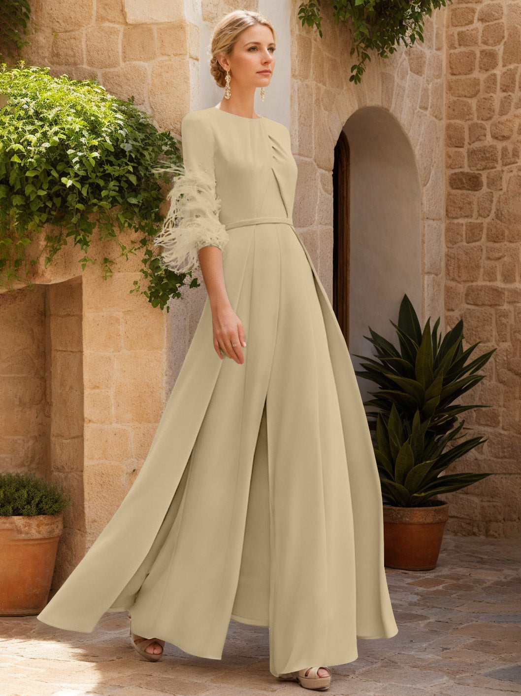 Jewel Neck Half Sleeves Ankle-Length Mother Of The Bride Pantsuits With Feathers