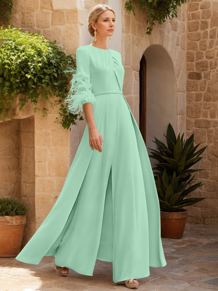 Jewel Neck Half Sleeves Ankle-Length Mother Of The Bride Pantsuits With Feathers