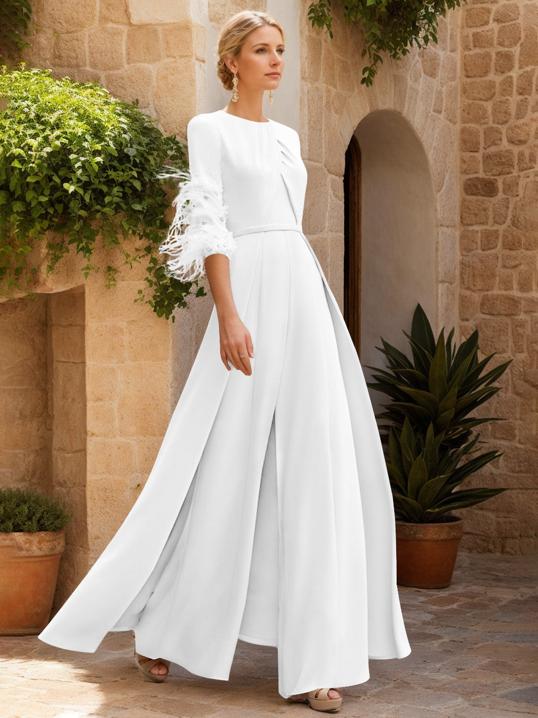Jewel Neck Half Sleeves Ankle-Length Mother Of The Bride Pantsuits With Feathers
