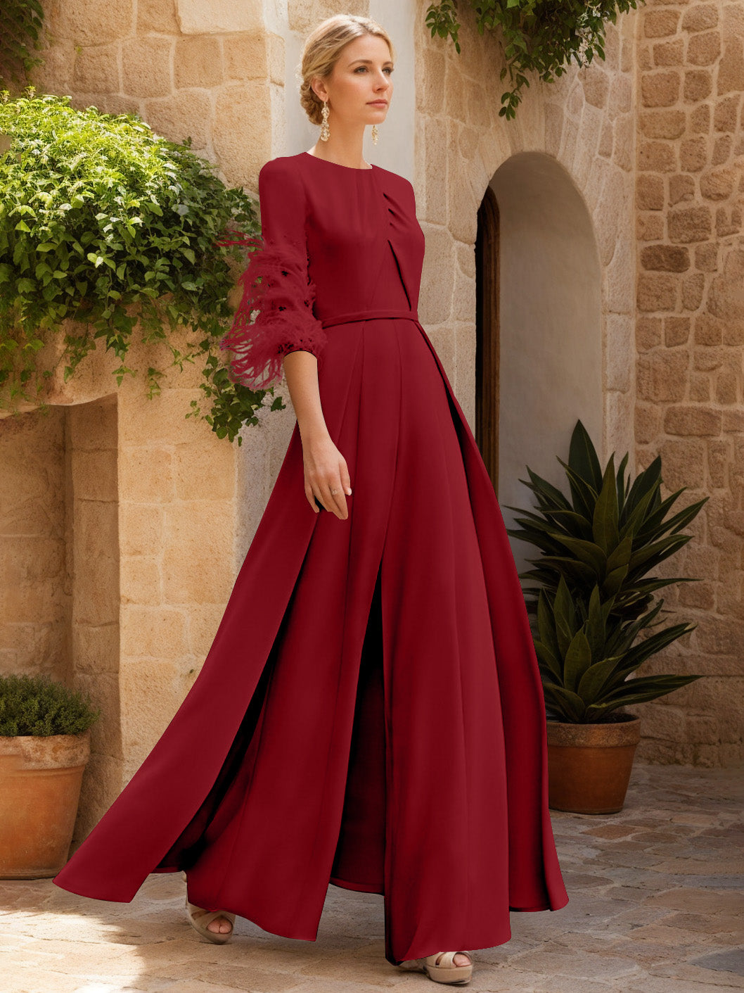 Jewel Neck Half Sleeves Ankle-Length Mother Of The Bride Pantsuits With Feathers
