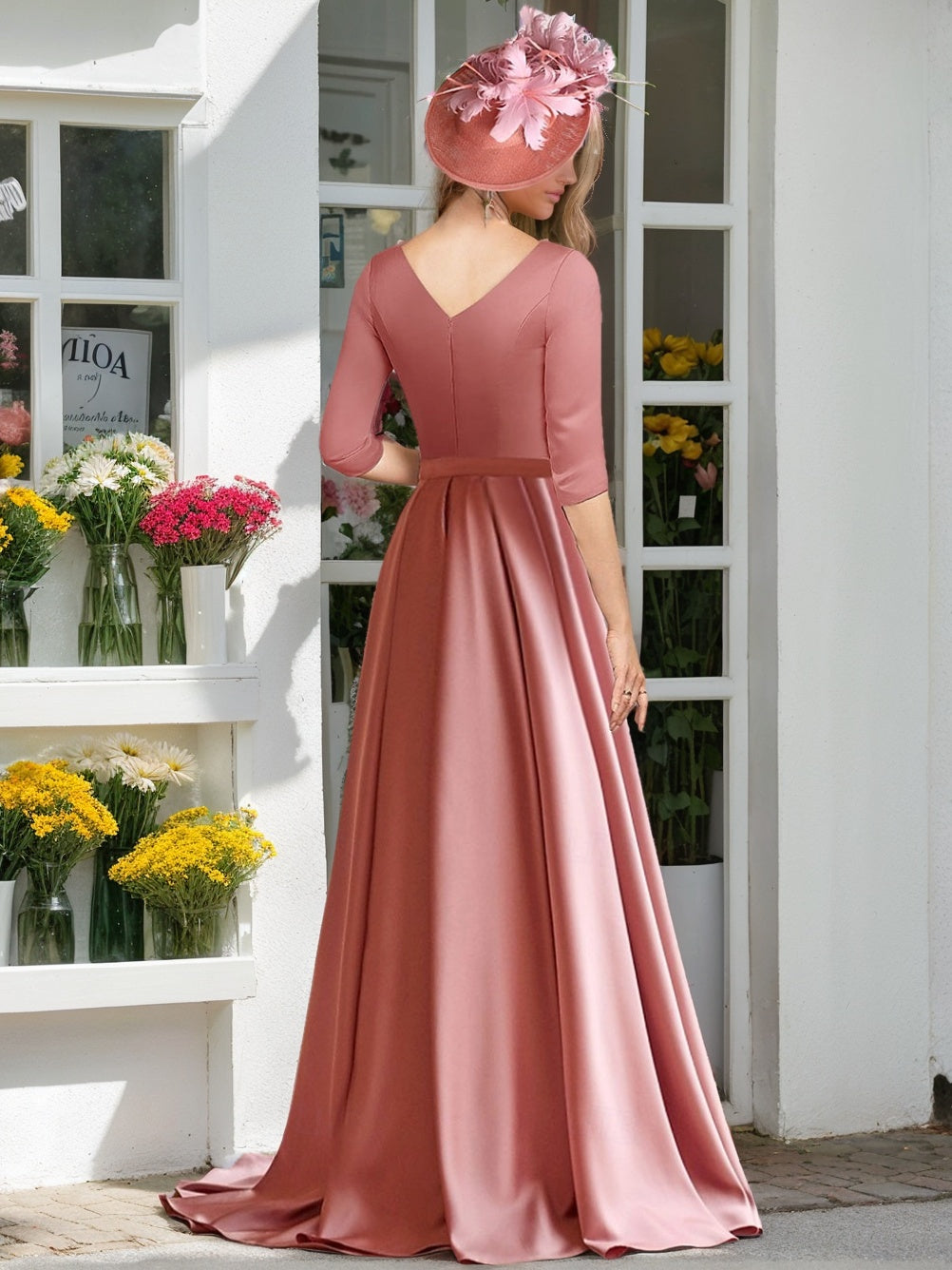 A Line/Princess V-Neck 3/4 LengthSleeves Floor-Length Mother of the Bride Dresses withPleats, Ruching & Ruched