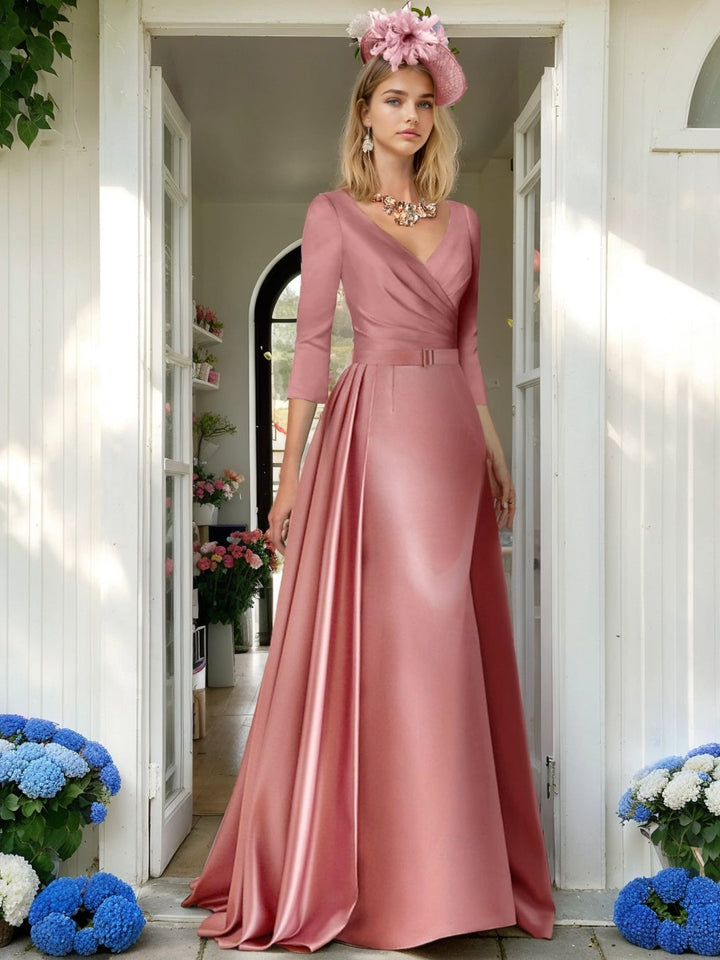 A Line/Princess V-Neck 3/4 LengthSleeves Floor-Length Mother of the Bride Dresses withPleats, Ruching & Ruched