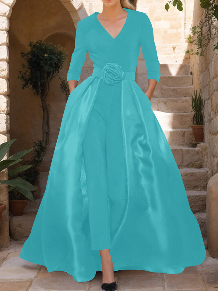 V-Neck 3/4 Sleeves Mother of the Bride Pantsuits with Flower Belt