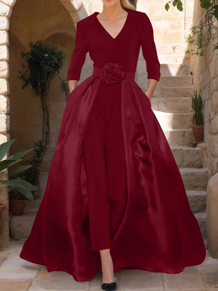 V-Neck 3/4 Sleeves Mother of the Bride Pantsuits with Flower Belt