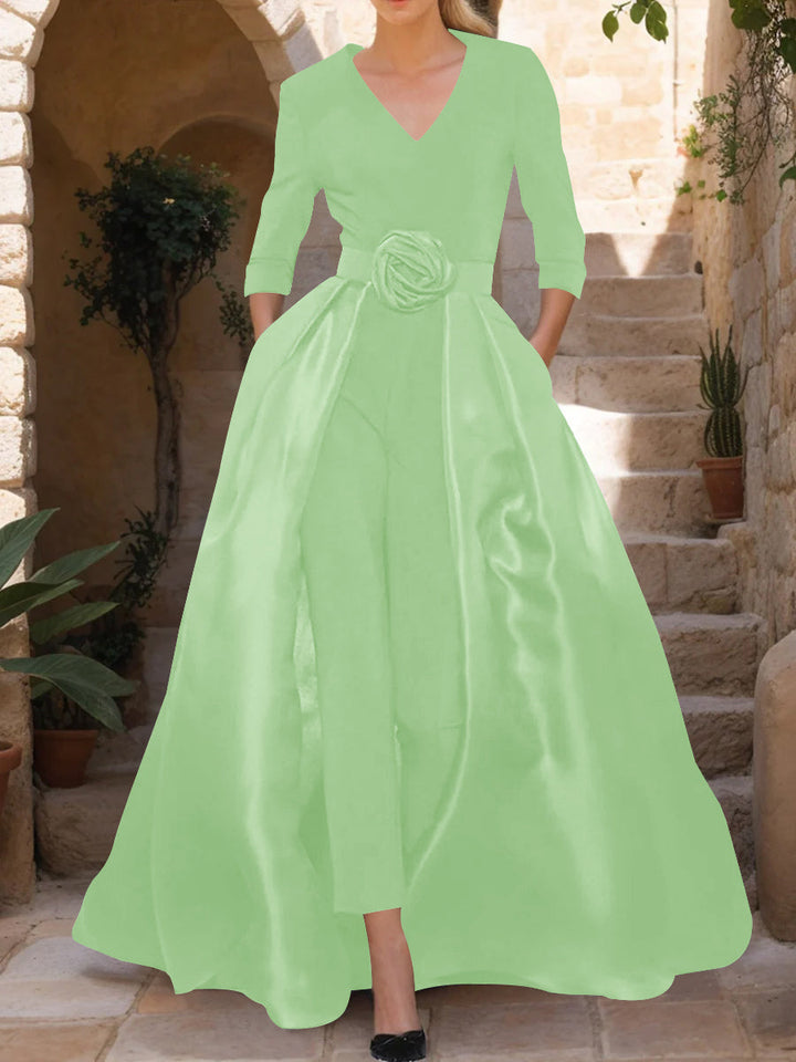 V-Neck 3/4 Sleeves Mother of the Bride Pantsuits with Flower Belt