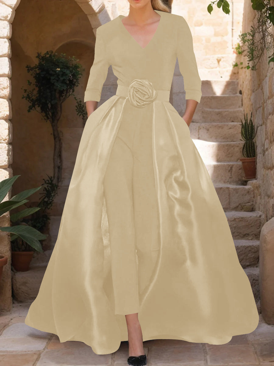 V-Neck 3/4 Sleeves Mother of the Bride Pantsuits with Flower Belt