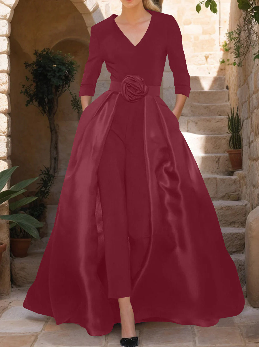 V-Neck 3/4 Sleeves Mother of the Bride Pantsuits with Flower Belt
