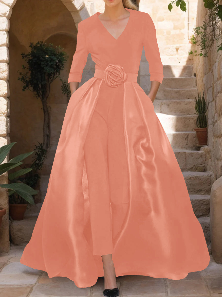 V-Neck 3/4 Sleeves Mother of the Bride Pantsuits with Flower Belt