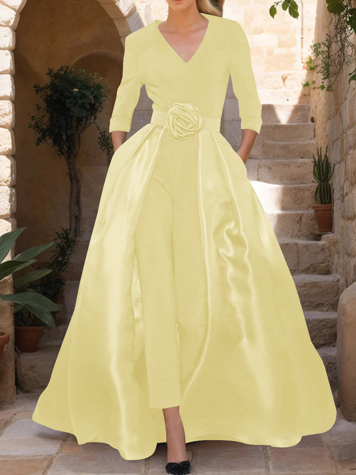 V-Neck 3/4 Sleeves Mother of the Bride Pantsuits with Flower Belt