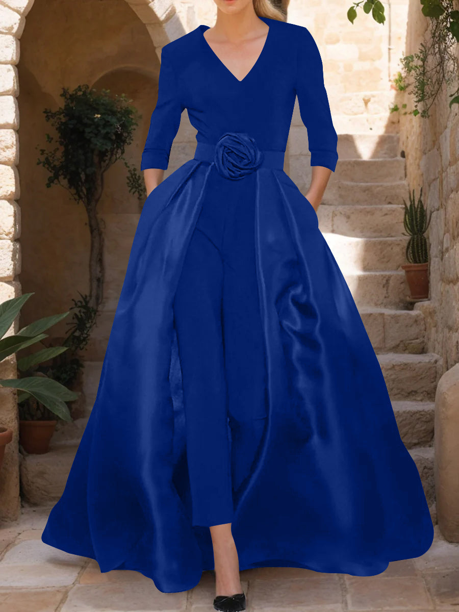V-Neck 3/4 Sleeves Mother of the Bride Pantsuits with Flower Belt