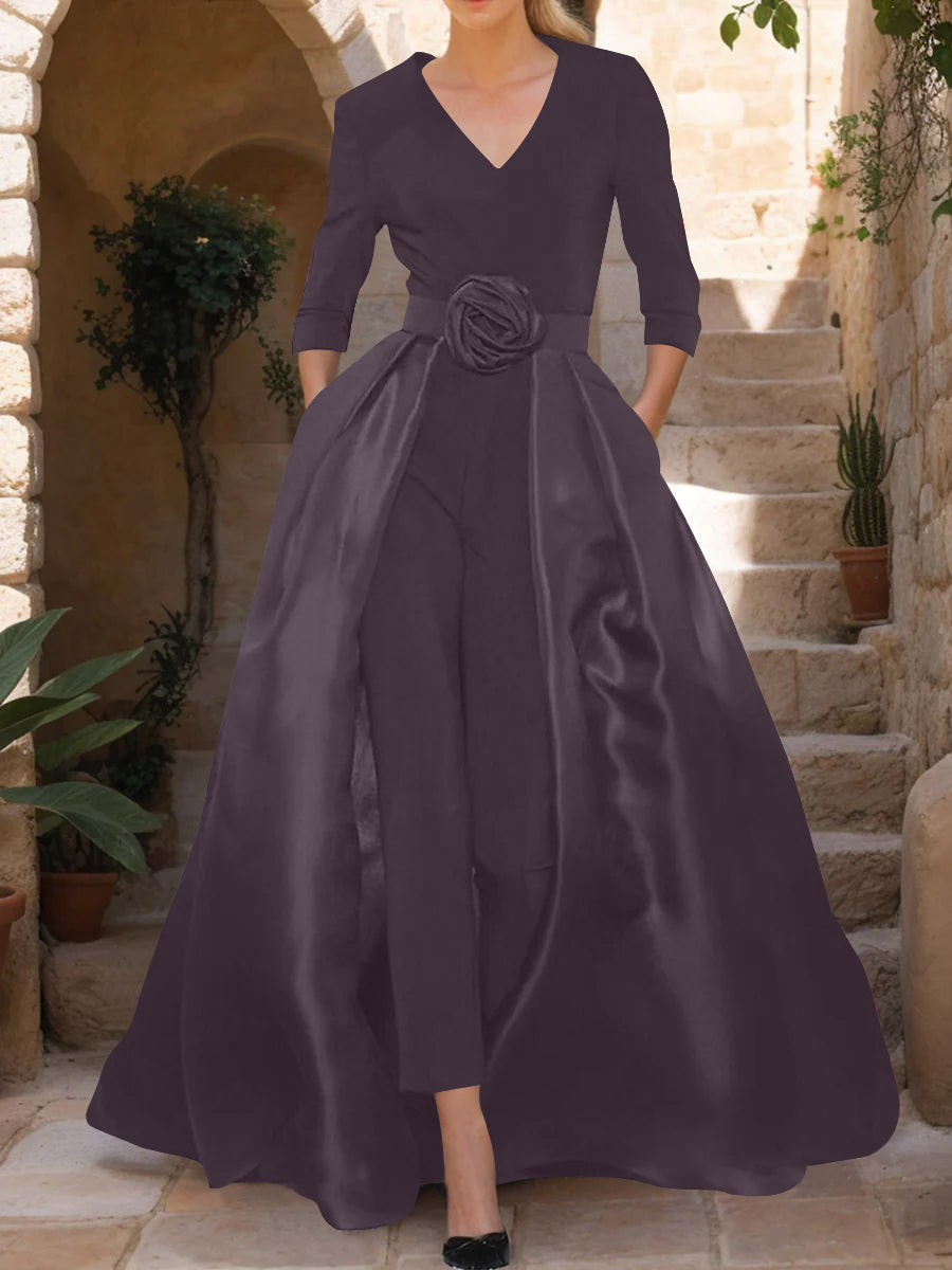 V-Neck 3/4 Sleeves Mother of the Bride Pantsuits with Flower Belt