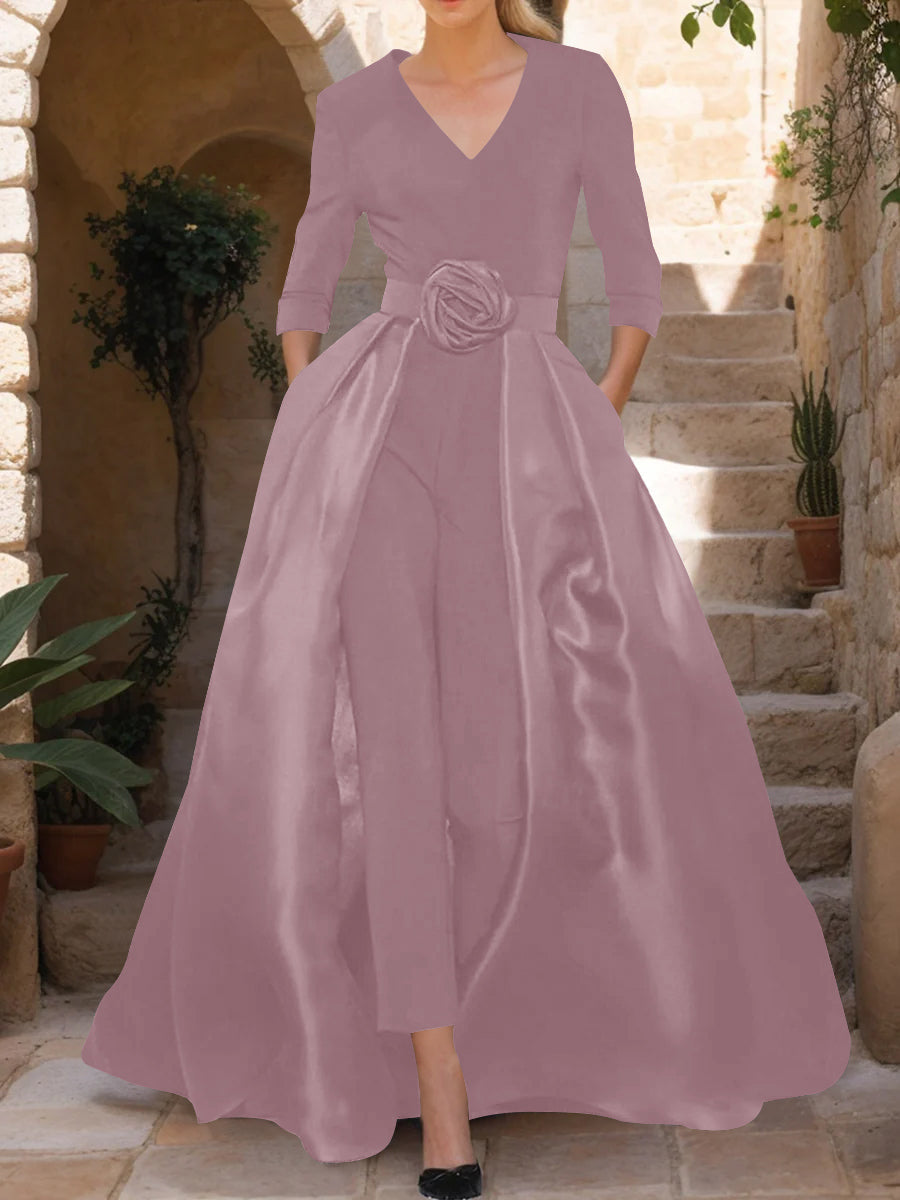 V-Neck 3/4 Sleeves Mother of the Bride Pantsuits with Flower Belt