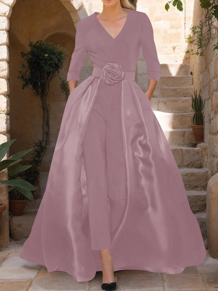 V-Neck 3/4 Sleeves Mother of the Bride Pantsuits with Flower Belt