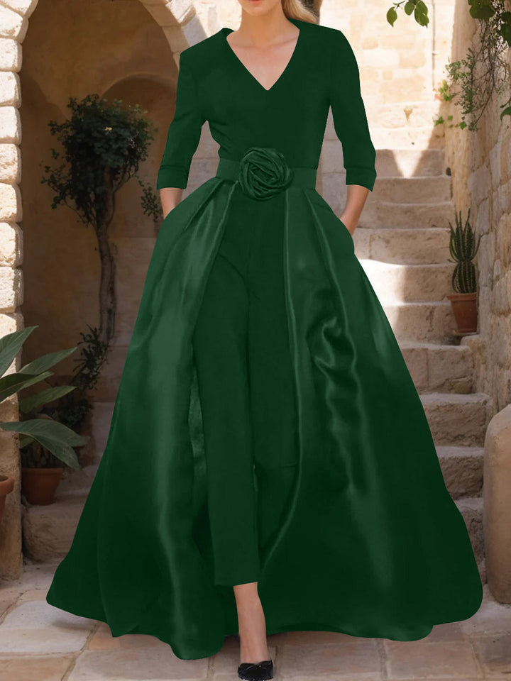 V-Neck 3/4 Sleeves Mother of the Bride Pantsuits with Flower Belt