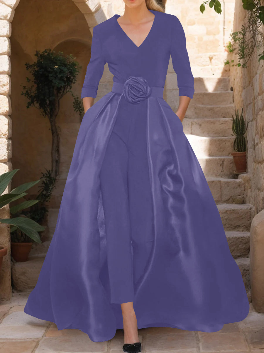 V-Neck 3/4 Sleeves Mother of the Bride Pantsuits with Flower Belt