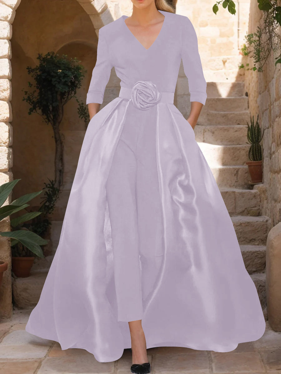V-Neck 3/4 Sleeves Mother of the Bride Pantsuits with Flower Belt