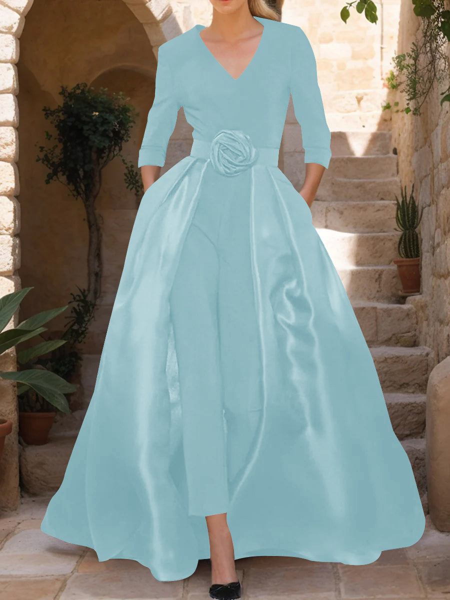 V-Neck 3/4 Sleeves Mother of the Bride Pantsuits with Flower Belt