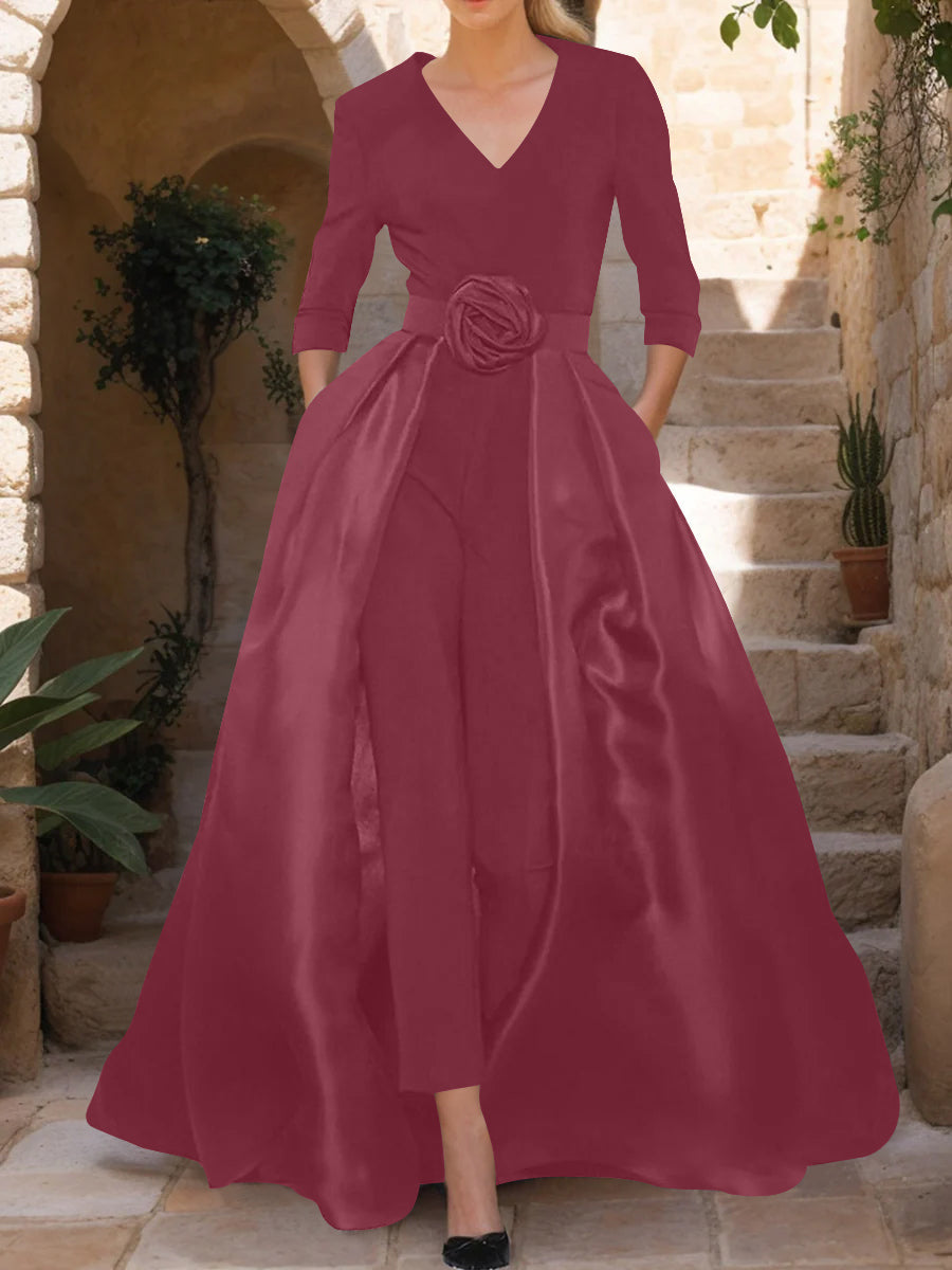 V-Neck 3/4 Sleeves Mother of the Bride Pantsuits with Flower Belt
