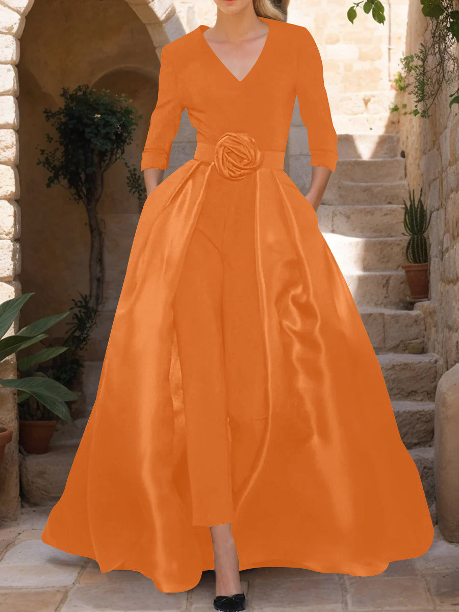 V-Neck 3/4 Sleeves Mother of the Bride Pantsuits with Flower Belt