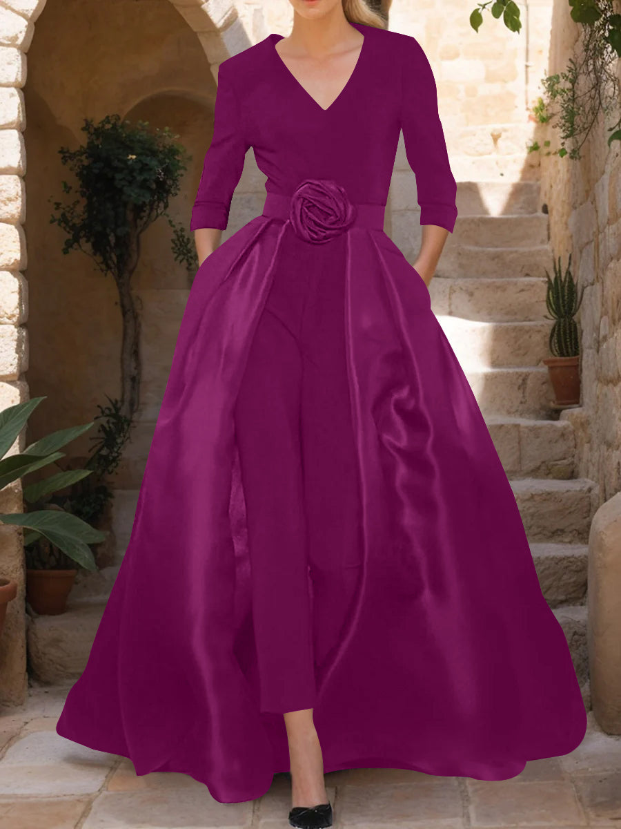 V-Neck 3/4 Sleeves Mother of the Bride Pantsuits with Flower Belt