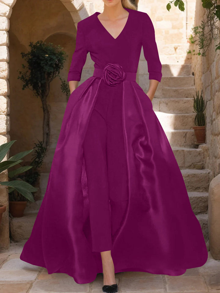 V-Neck 3/4 Sleeves Mother of the Bride Pantsuits with Flower Belt