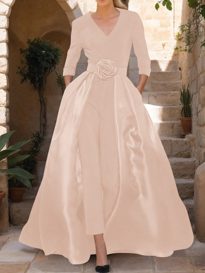 V-Neck 3/4 Sleeves Mother of the Bride Pantsuits with Flower Belt