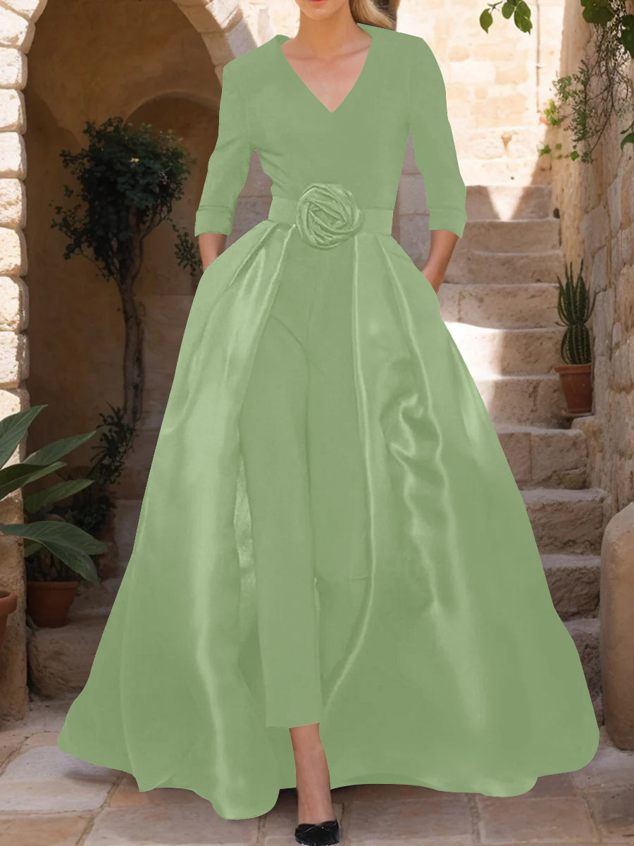 V-Neck 3/4 Sleeves Mother of the Bride Pantsuits with Flower Belt