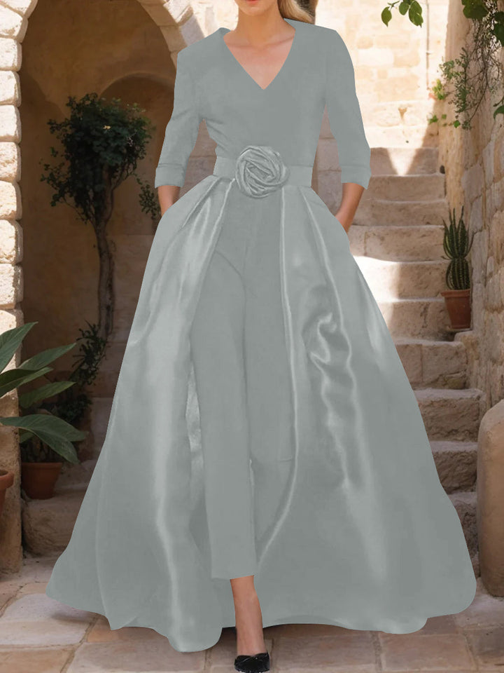 V-Neck 3/4 Sleeves Mother of the Bride Pantsuits with Flower Belt