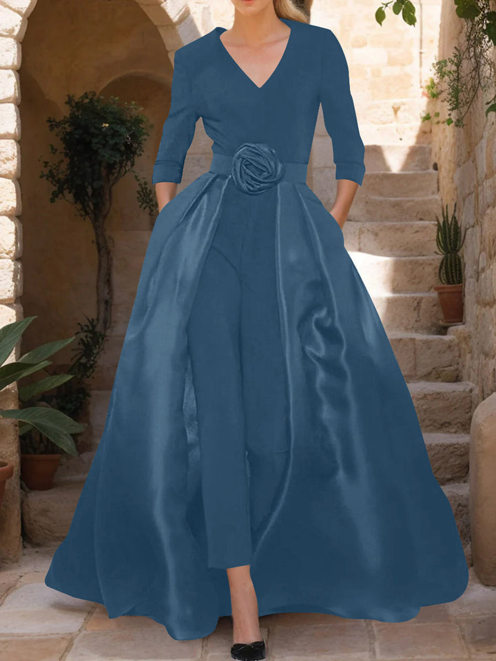 V-Neck 3/4 Sleeves Mother of the Bride Pantsuits with Flower Belt